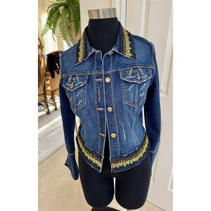 Candies Gorgeous Distressed Denim Jacket Gold‎ Sequin Gold Buttons 90's Y2K Glam